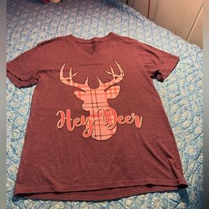 SALE 3/$20 EUC Simply Southern/Simply Faithful T shirt,Purple /pink plaid Deer